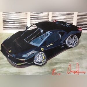 Hand painted watercolor print by me on an A4 paper with lamination NWT Ferrari